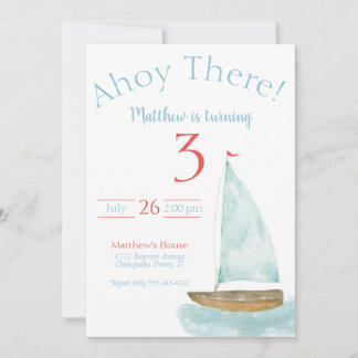 Watercolor Nautical Sailboat Birthday  Invitation