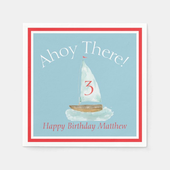 Watercolor Nautical Sailboat Birthday  Napkin (Front)