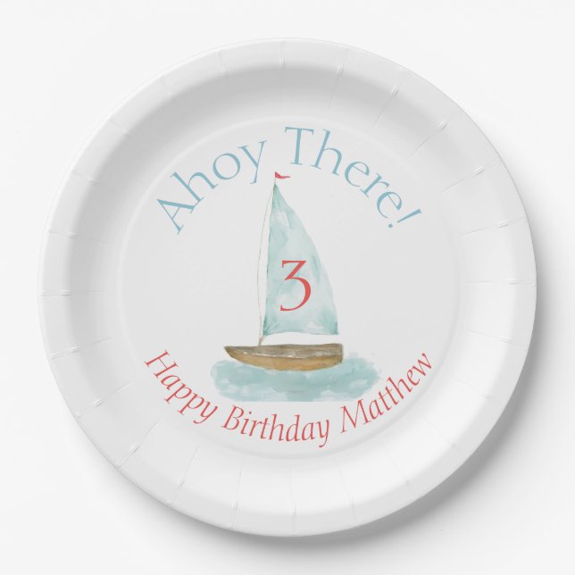 Watercolor Nautical Sailboat Birthday  Paper Plate (Front)