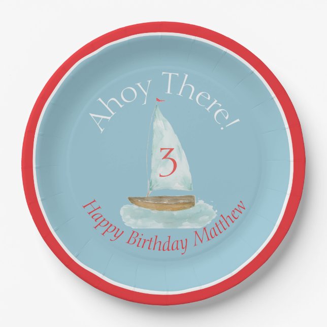 Watercolor Nautical Sailboat Birthday  Paper Plate (Front)