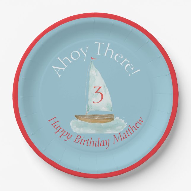 Watercolor Nautical Sailboat Birthday  Paper Plate (Front)
