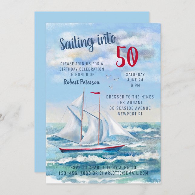 Watercolor Nautical Sailing Yacht 50th Birthday Invitation (Front/Back)