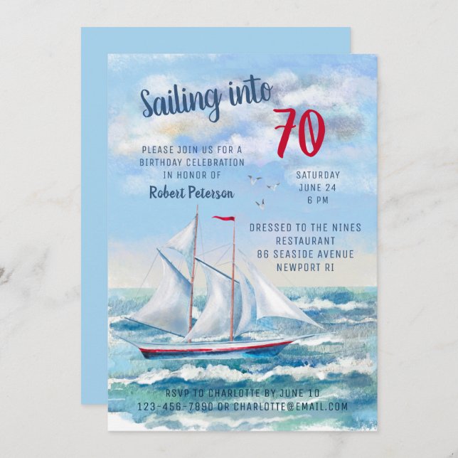 Watercolor Nautical Sailing Yacht 70th Birthday Invitation (Front/Back)