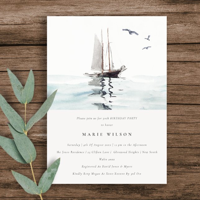 Watercolor Nautical Sailing Yacht Any Age Birthday Invitation (Creator Uploaded)