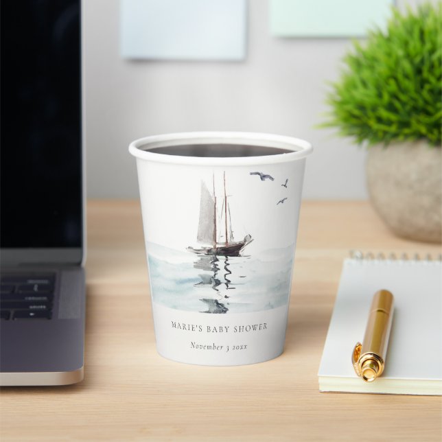 Watercolor Nautical Sailing Yacht Baby Shower Paper Cups (Insitu)