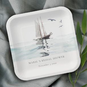 Watercolor Nautical Sailing Yacht Bridal Shower Paper Plate
