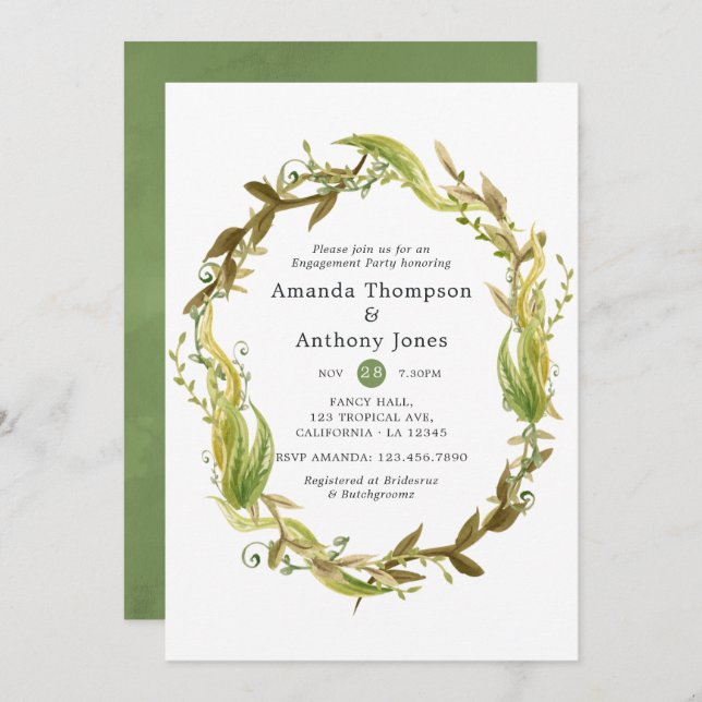 Watercolor Nautical Seaweed Engagement Party Invitation (Front/Back)