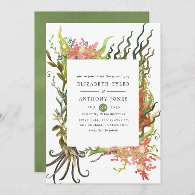 Watercolor Nautical Seaweed Wedding Invitation (Front/Back)