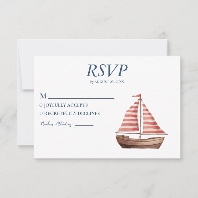 Watercolor Nautical Ship Sailing Yacht Wedding RSVP Card (Front)