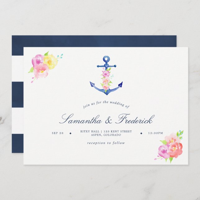 Watercolor Nautical Themed Anchor Wedding Invite (Front/Back)