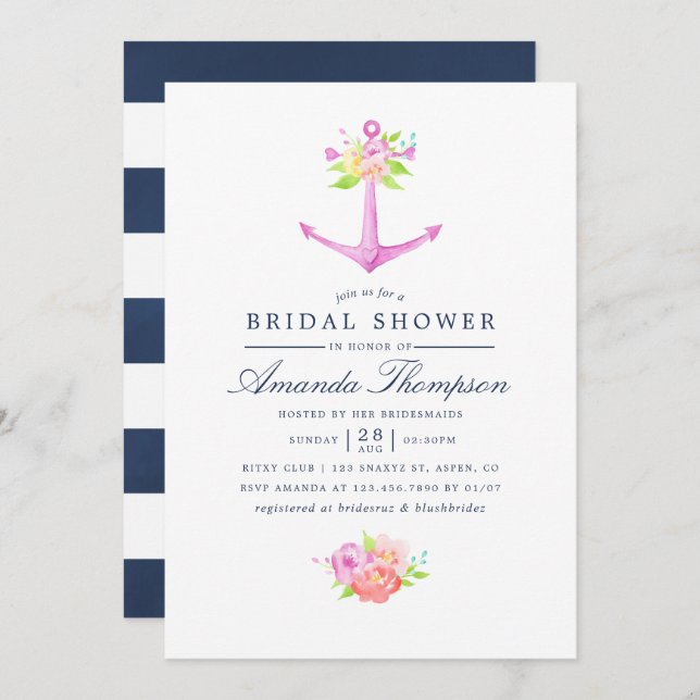 Watercolor Nautical Themed Floral Bridal Shower Invitation (Front/Back)