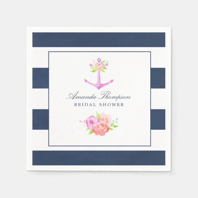 Watercolor Nautical Themed Floral Bridal Shower Napkin (Front)