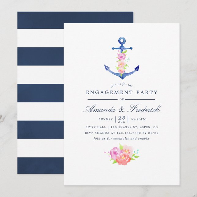 Watercolor Nautical Themed Floral Engagement Party Invitation (Front/Back)