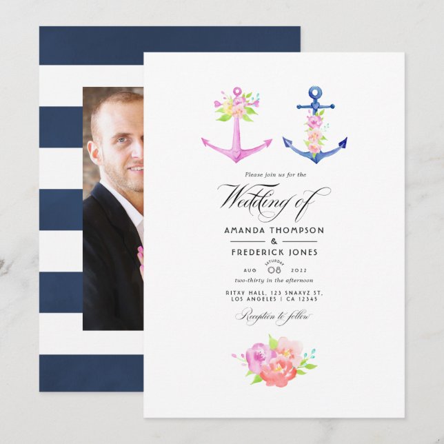 Watercolor Nautical Themed Floral Wedding Photo Invitation (Front/Back)