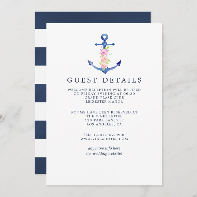 Watercolor Nautical Themed Wedding Guest Details Invitation (Front/Back)