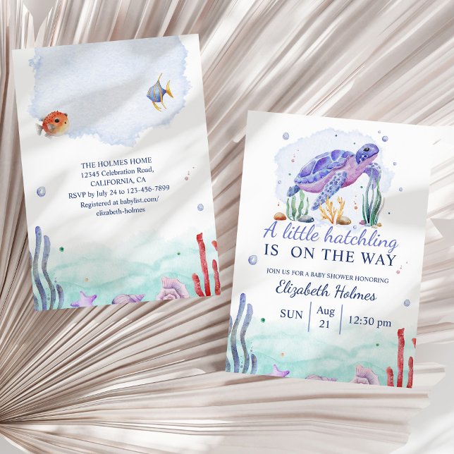 Watercolor Nautical Turtle Baby Shower Invitation (Watercolor Nautical Turtle Baby Shower Invitation on a sunny neutral dry palm leaf.)