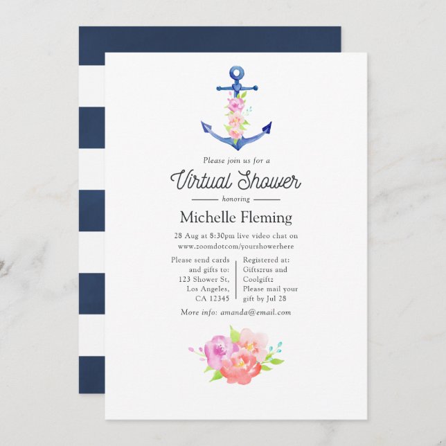 Watercolor Nautical Virtual Baby Shower Invitation (Front/Back)
