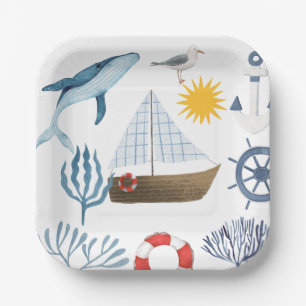 Watercolor Nautical Whale Sailboat Baby Shower Paper Plate