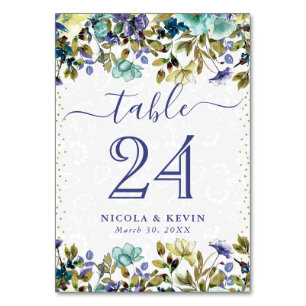 Watercolor Navy and Blue Flowers Wedding Table Number