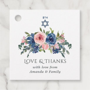 Watercolor Navy and Blush Floral Bat Mitzvah Favour Tags