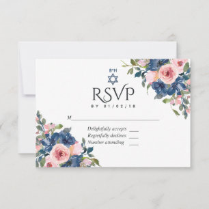 Watercolor Navy and Blush Floral Bat Mitzvah RSVP Card
