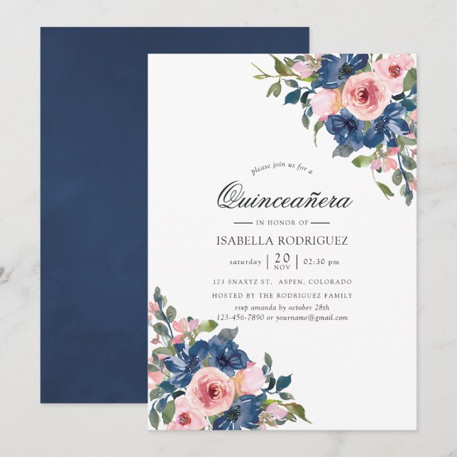 Watercolor Navy and Blush Floral Quinceañera Invitation (Front/Back)