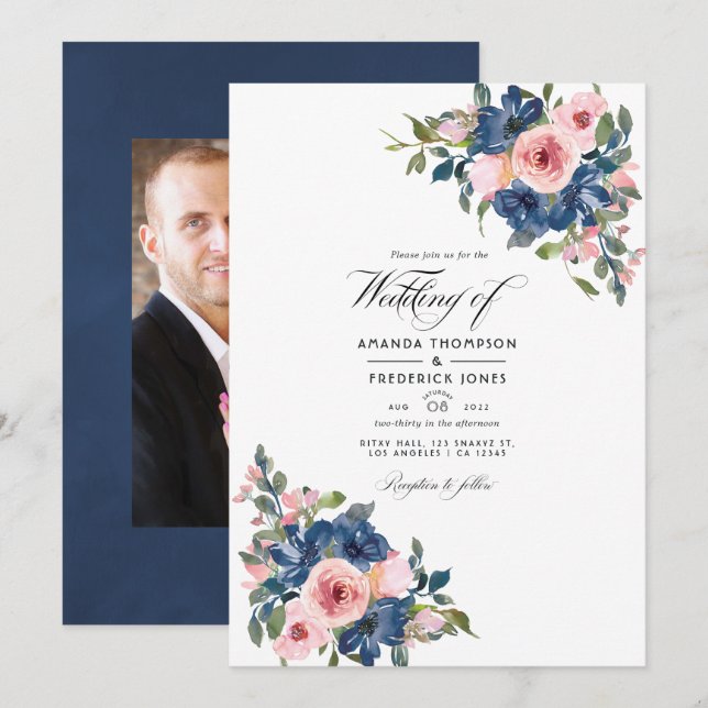 Watercolor Navy and Blush Floral Wedding Photo Invitation (Front/Back)