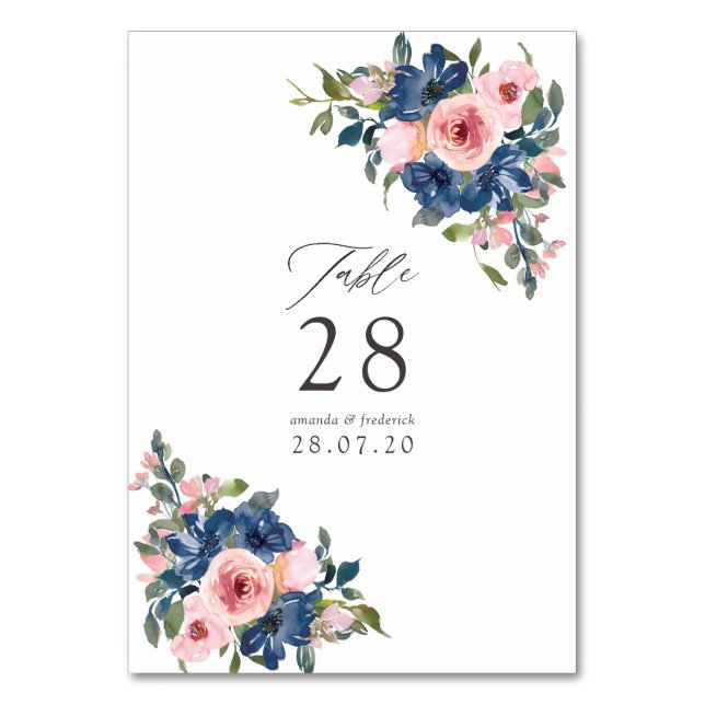 Watercolor Navy and Blush Floral Wedding Table Number (Front)