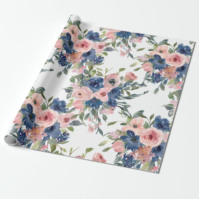 Watercolor Navy and Blush Floral Wrapping Paper (Unrolled)