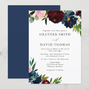 Watercolor Navy and Burgundy Flowers Wedding Invitation