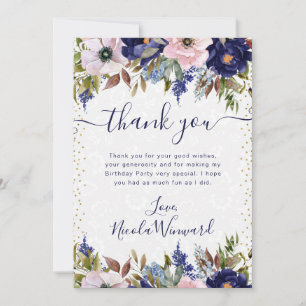 Watercolor Navy and Cream Flowers Birthday Thank You Card