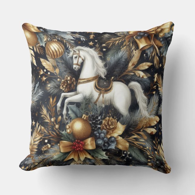 Watercolor Navy and Gold Horse Holiday Motifs Cushion (Front)