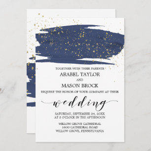 Watercolor Navy and Gold Sparkle Wedding Invitation