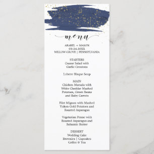 Watercolor Navy and Gold Sparkle Wedding Menu
