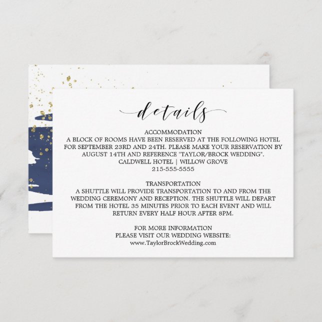 Watercolor Navy and Gold Wedding Details Card (Front/Back)