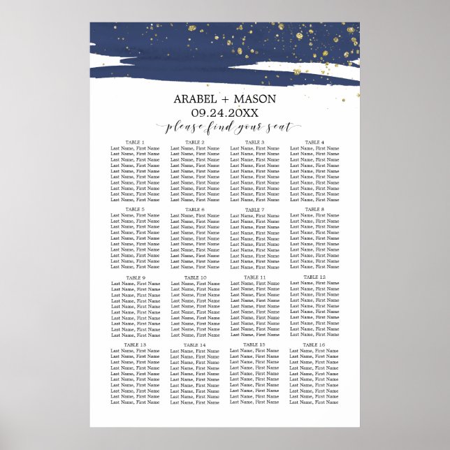 Watercolor Navy and Gold Wedding Seating Chart (Front)