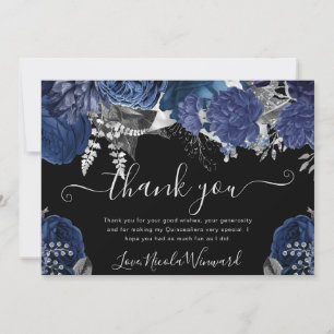 Watercolor Navy and Silver Roses Quinceanera Thank You Card