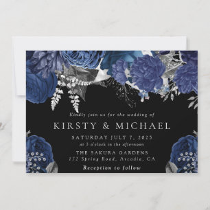 Watercolor Navy and Silver Roses Wedding Invitation