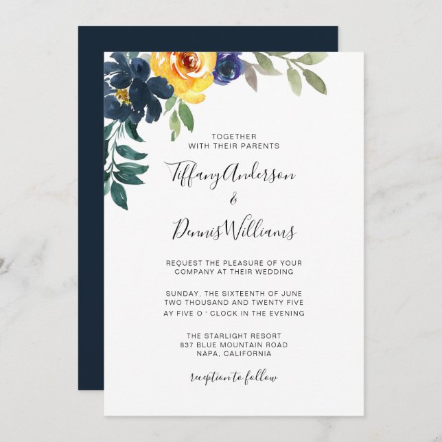 Watercolor Navy Blue and Yellow Floral Wedding  Invitation (Front/Back)