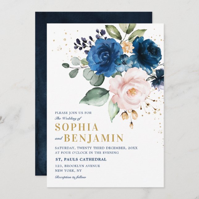 Watercolor Navy Blue Blush Rose Floral Wedding Invitation (Front/Back)