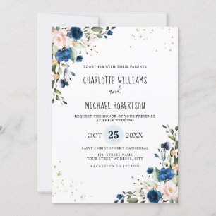 Watercolor Navy Blue Blush Rose Floral Wedding Invitation