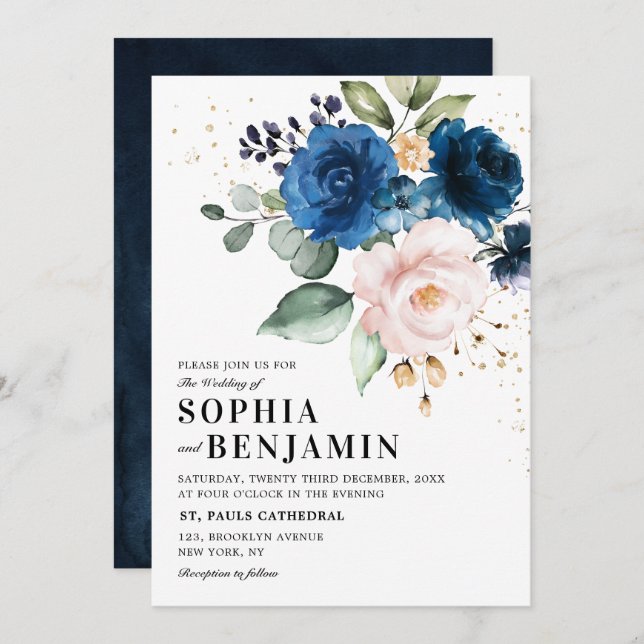 Watercolor Navy Blue Blush Rose Floral Wedding Invitation (Front/Back)
