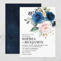Watercolor Navy Blue Blush Rose Floral Wedding