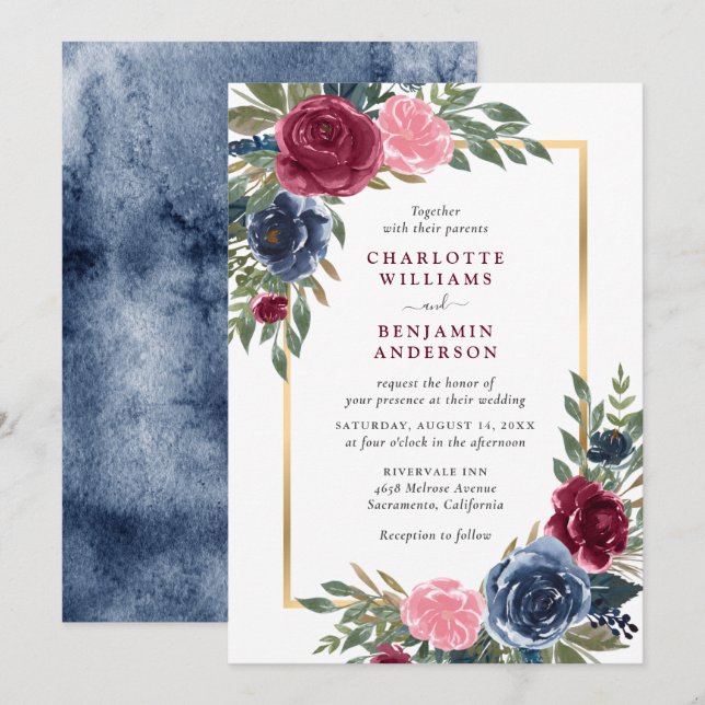 Watercolor Navy Blue Burgundy Gold Floral Invitation (Front/Back)