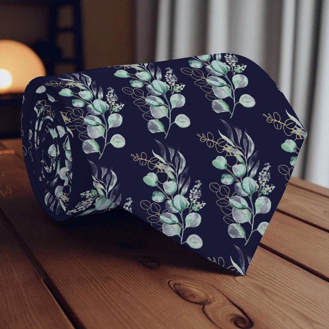 Watercolor Navy Blue Eucalyptus Greenery Pattern  Tie (Creator Uploaded)