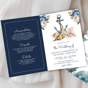 Watercolor Navy Blue Floral Anchor QR Code Wedding Invitation
