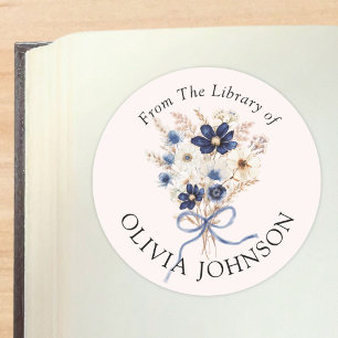 Watercolor Navy Blue Floral Bookplate Sticker