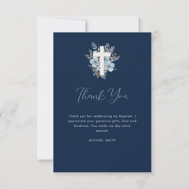 watercolor navy blue floral cross thank you card (Front)