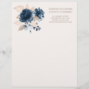 Watercolor navy blue floral custom letterhead