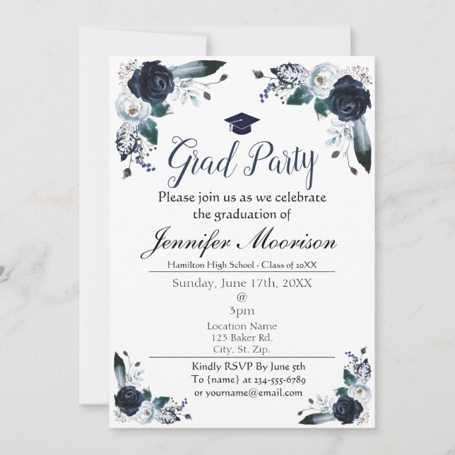 Watercolor Navy Blue Floral Graduation Invite (Front)